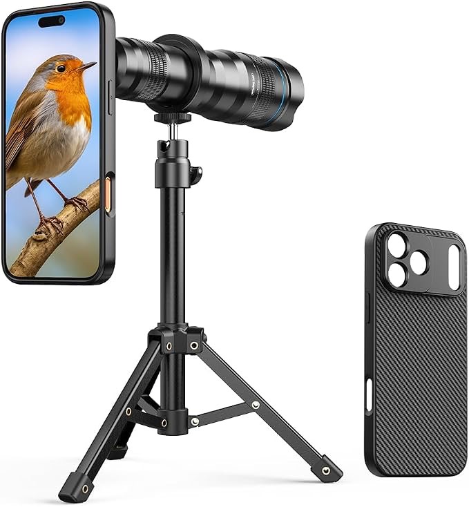APEXEL telephoto lens mounted to a phone and metal tripod, with a separate threaded phone case shown