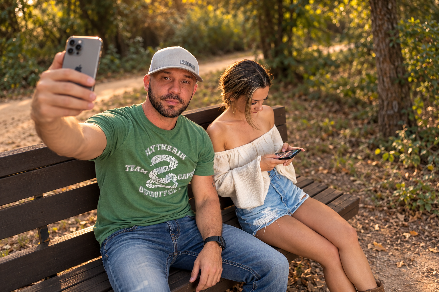 AI expanded couple photo revealing the connected camera arm holding an iPhone