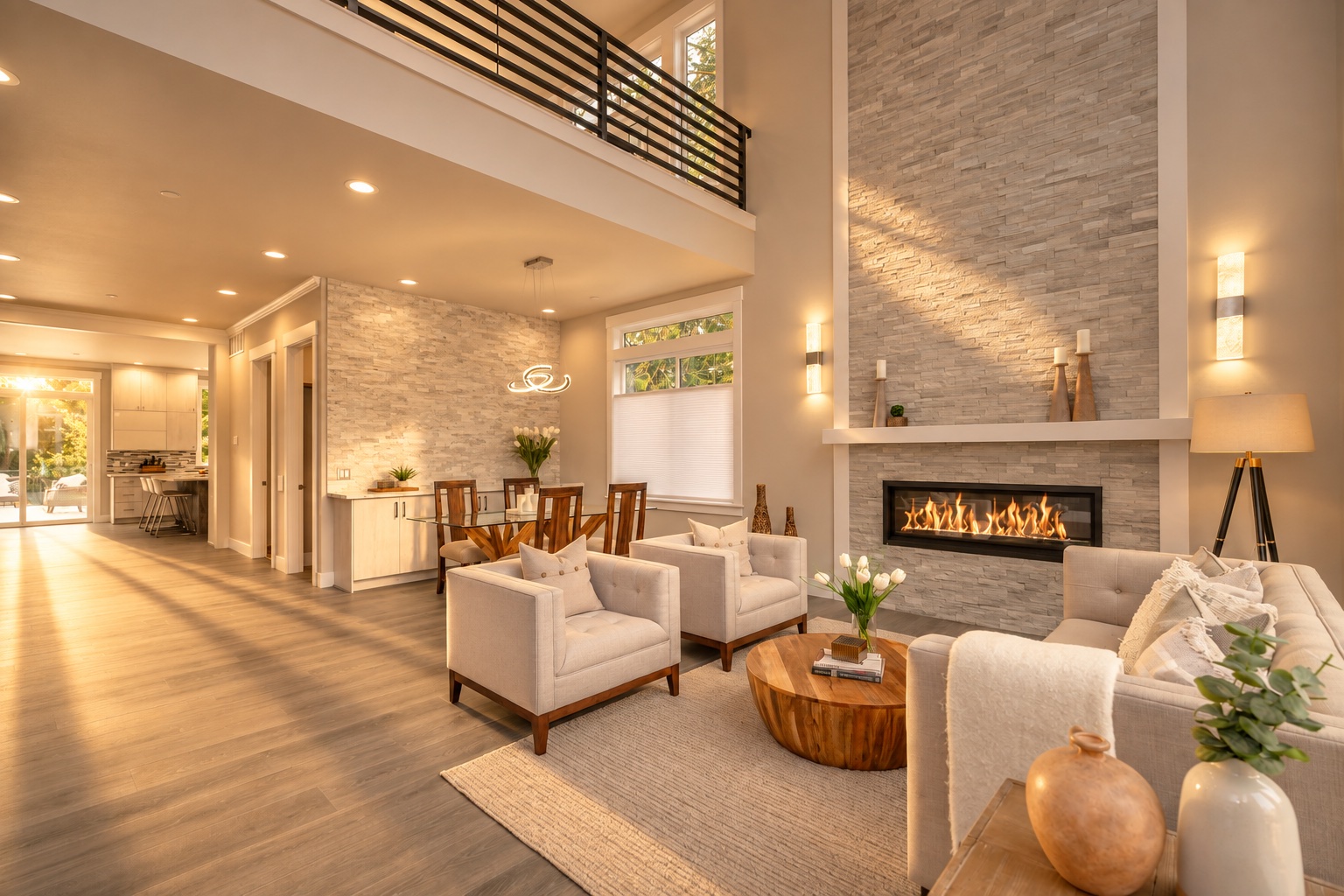Same living room with warm Golden Hour treatment