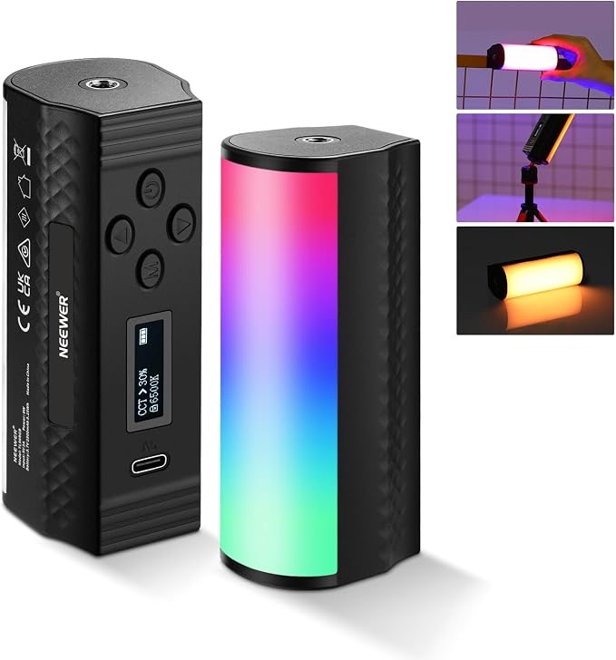 NEEWER TL96RGB mini LED light showing the illuminated panel, controls and example mounting positions