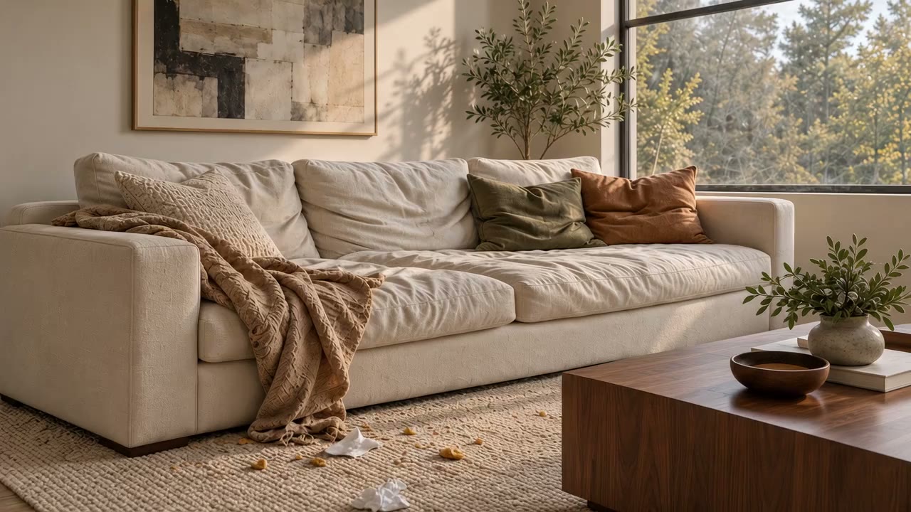Original room with rumpled cushions, a loose throw and litter on the rug