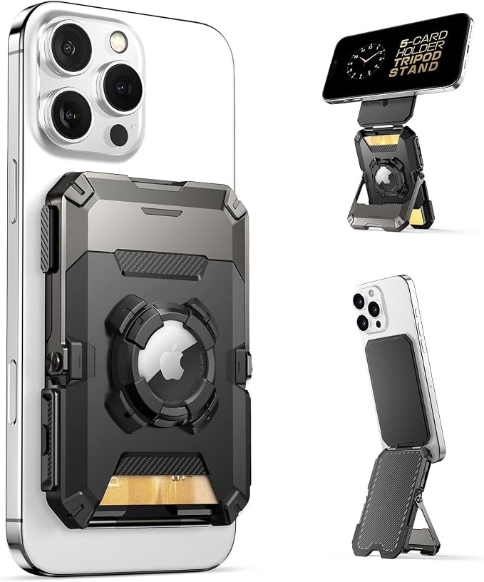 SUPCASE dark magnetic wallet shown attached to a phone and folded into portrait and landscape stands